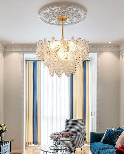 Elegant Tiered Carved Glass Chandelier with Adjustable Height & LED Co