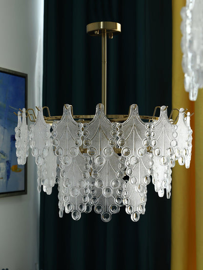 Elegant Tiered Carved Glass Chandelier with Adjustable Height & LED Co