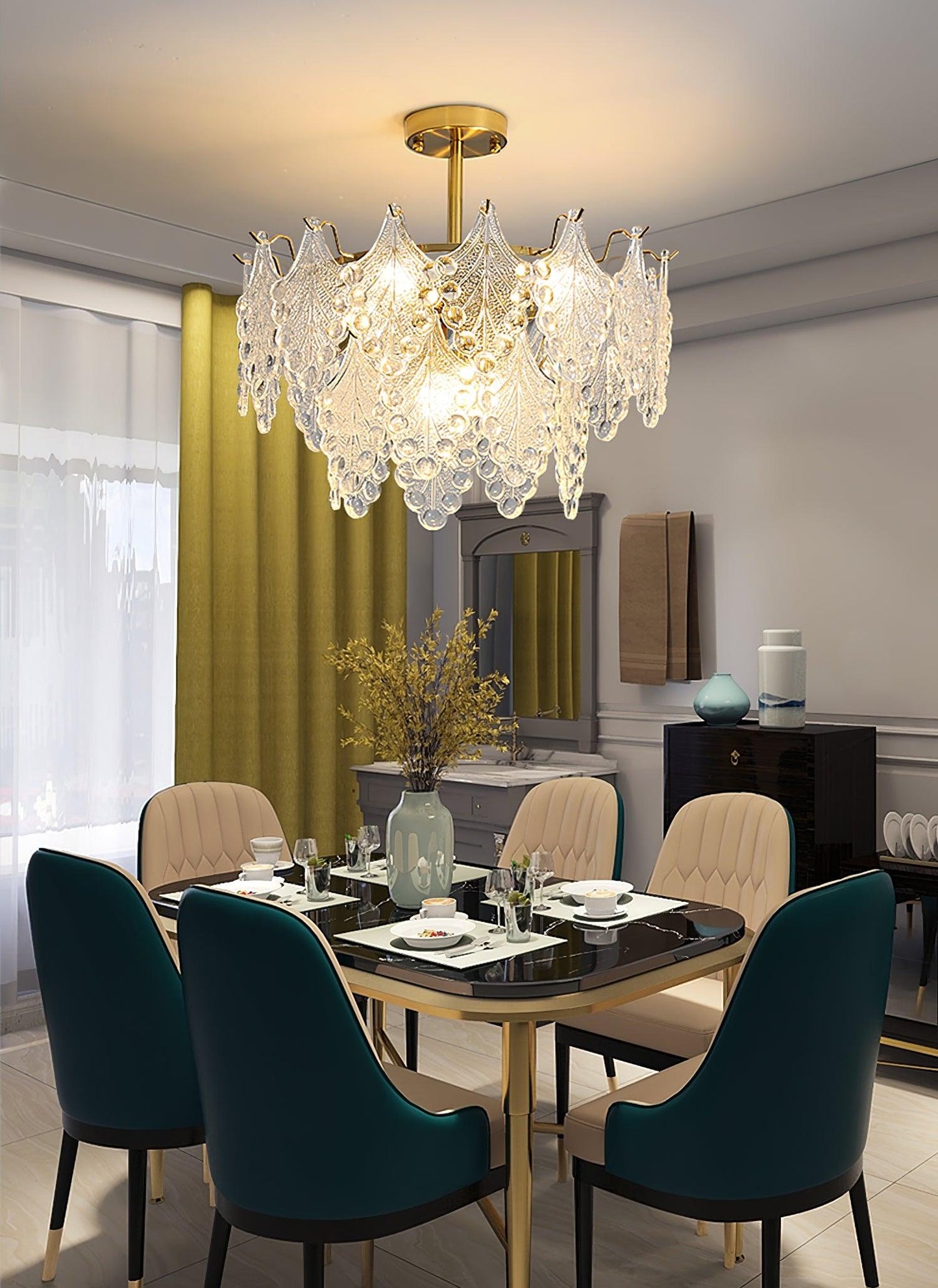 Elegant Tiered Carved Glass Chandelier with Adjustable Height & LED Co