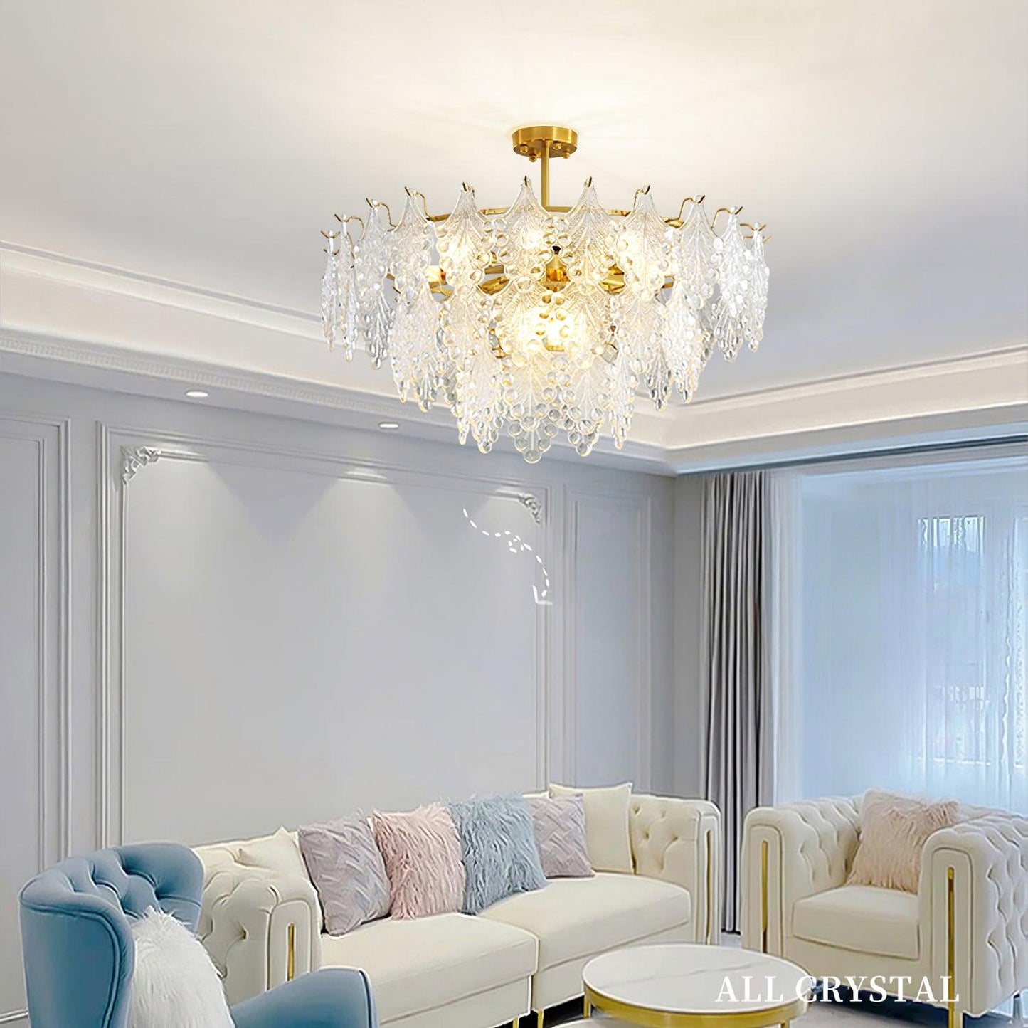 Elegant Tiered Carved Glass Chandelier with Adjustable Height & LED Co