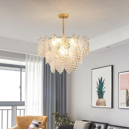 Elegant Tiered Carved Glass Chandelier with Adjustable Height & LED Co