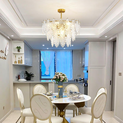 Elegant Tiered Carved Glass Chandelier with Adjustable Height & LED Co