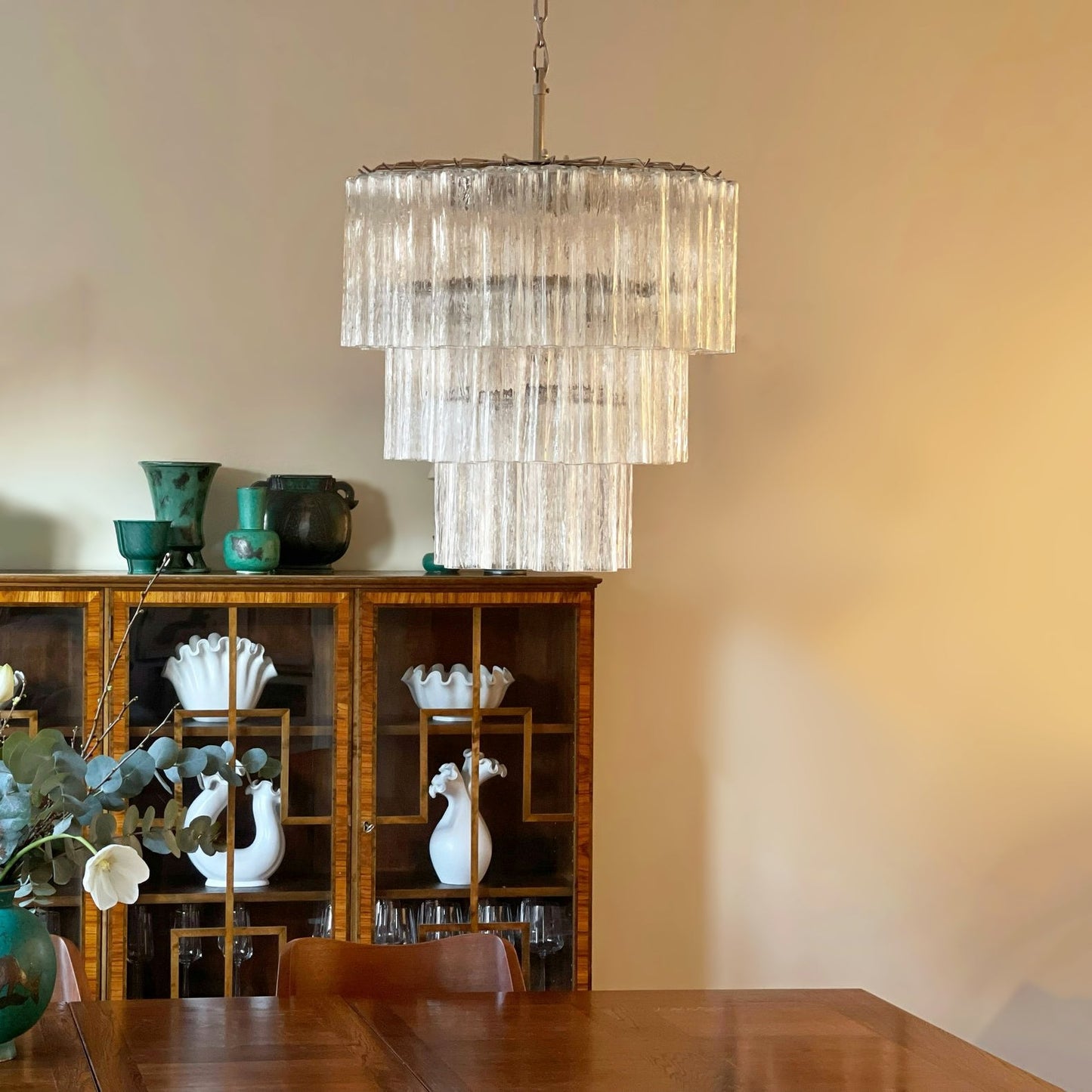 Elegant Tiered Tube Glass Chandelier with Adjustable Height & LED Comp