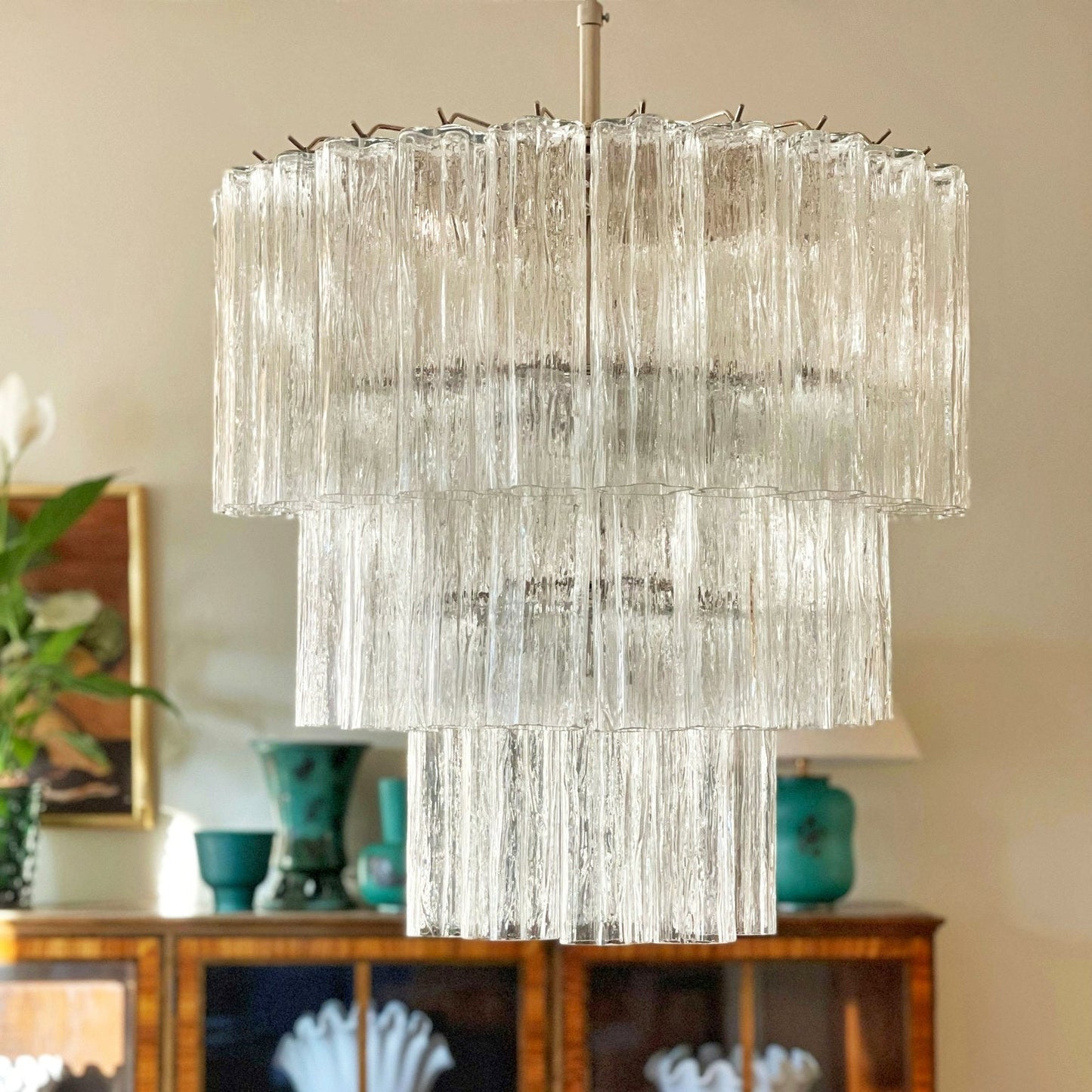Elegant Tiered Tube Glass Chandelier with Adjustable Height & LED Comp