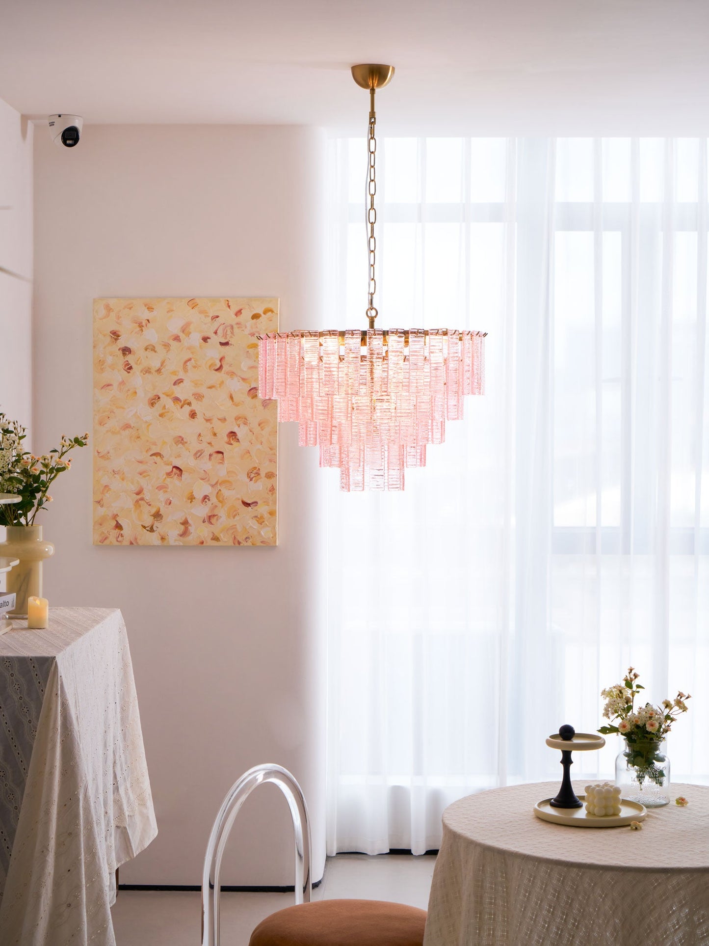 Opalora Pink Glass Chandelier - Elegant Design with Adjustable Height