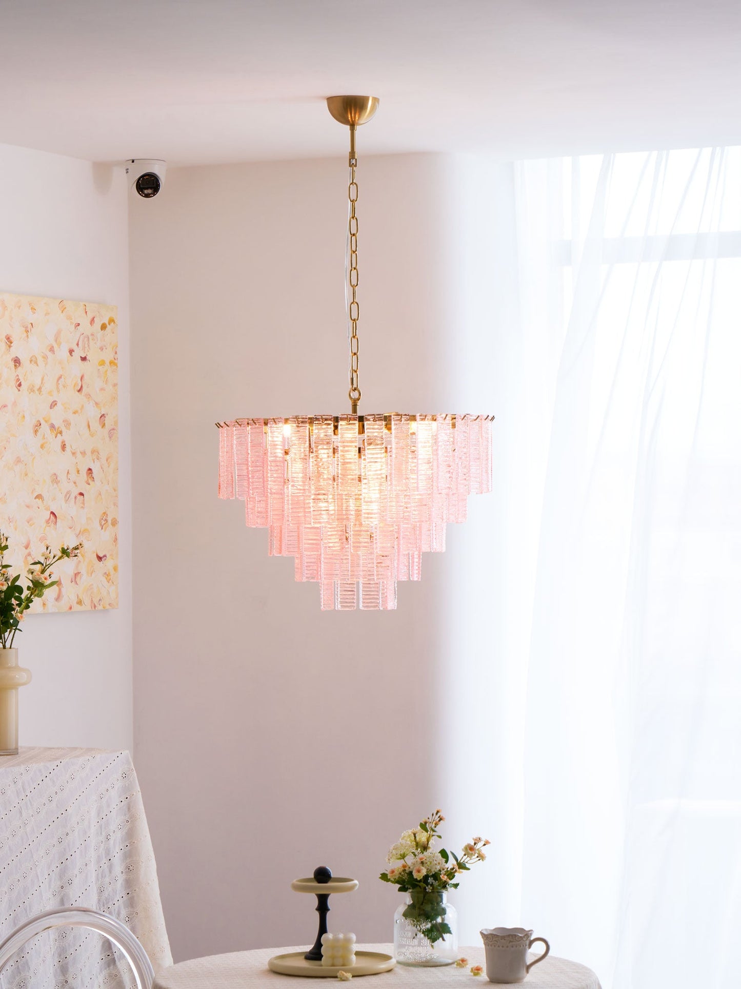 Opalora Pink Glass Chandelier - Elegant Design with Adjustable Height