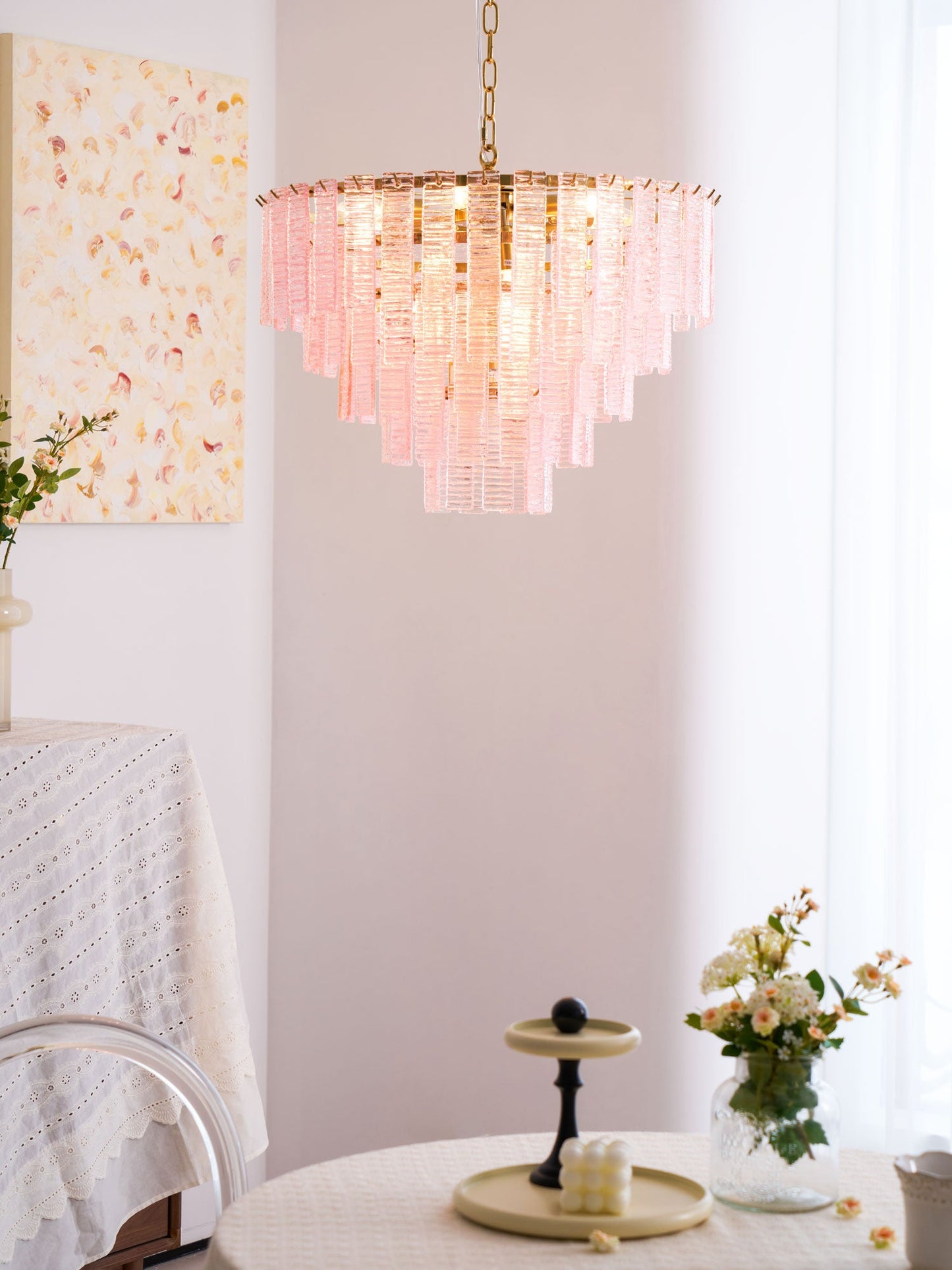 Opalora Pink Glass Chandelier - Elegant Design with Adjustable Height