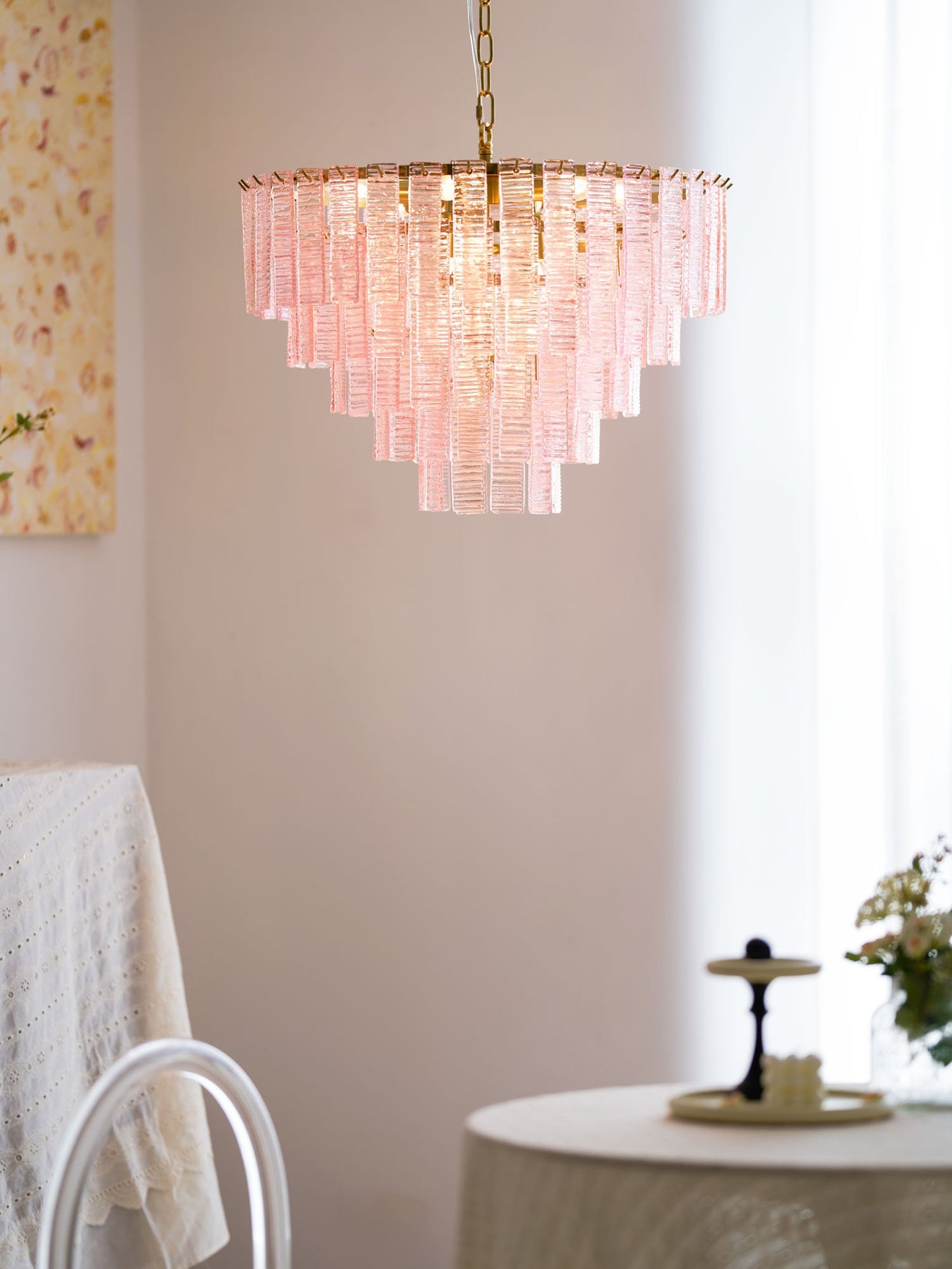 Opalora Pink Glass Chandelier - Elegant Design with Adjustable Height