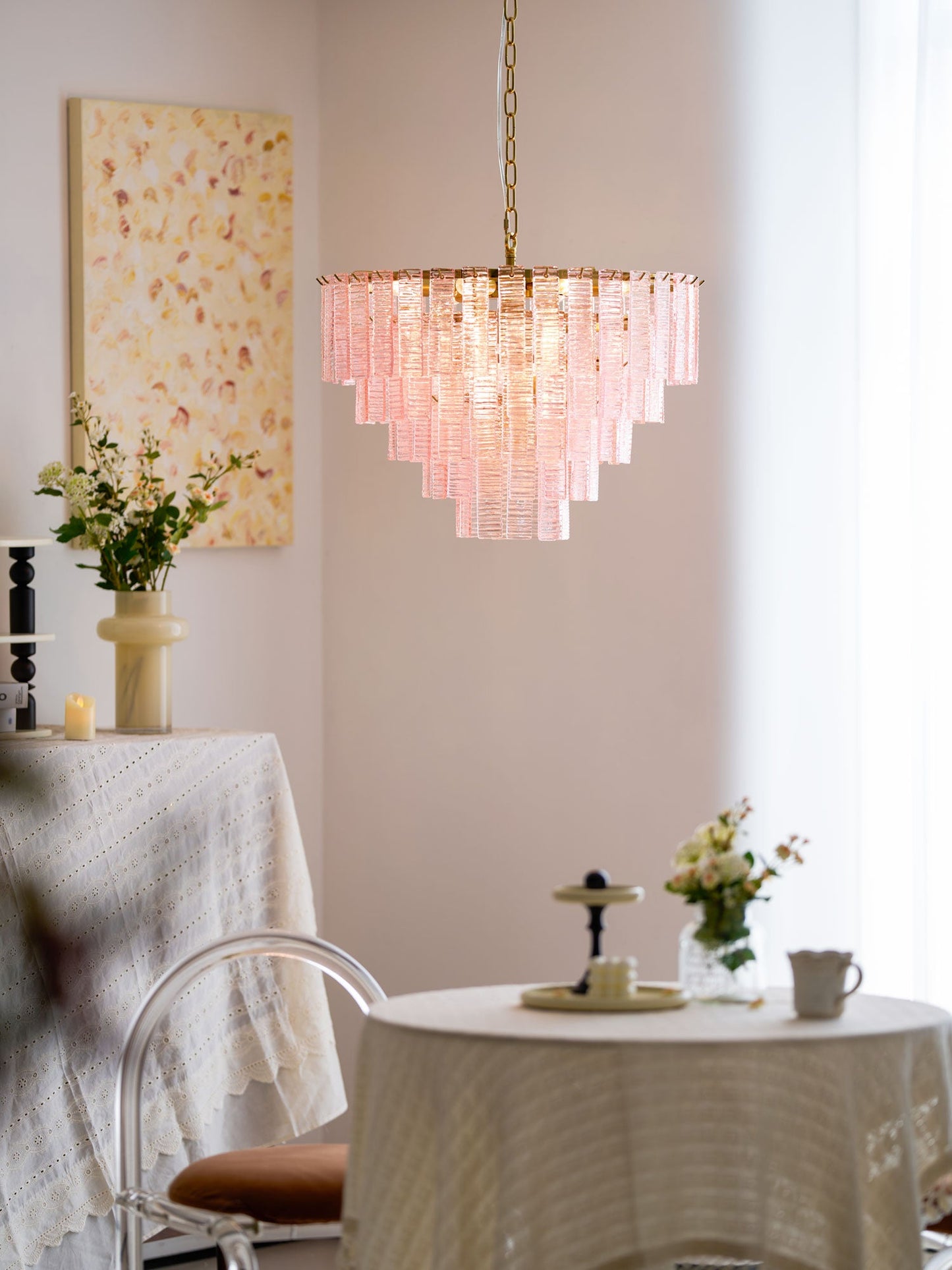 Opalora Pink Glass Chandelier - Elegant Design with Adjustable Height