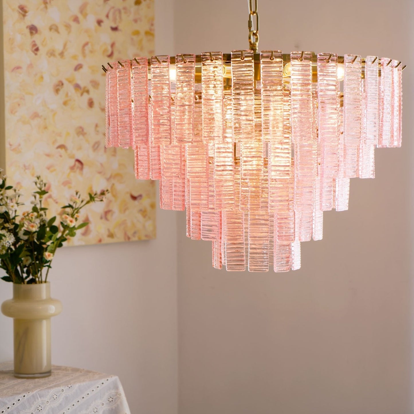 Opalora Pink Glass Chandelier - Elegant Design with Adjustable Height