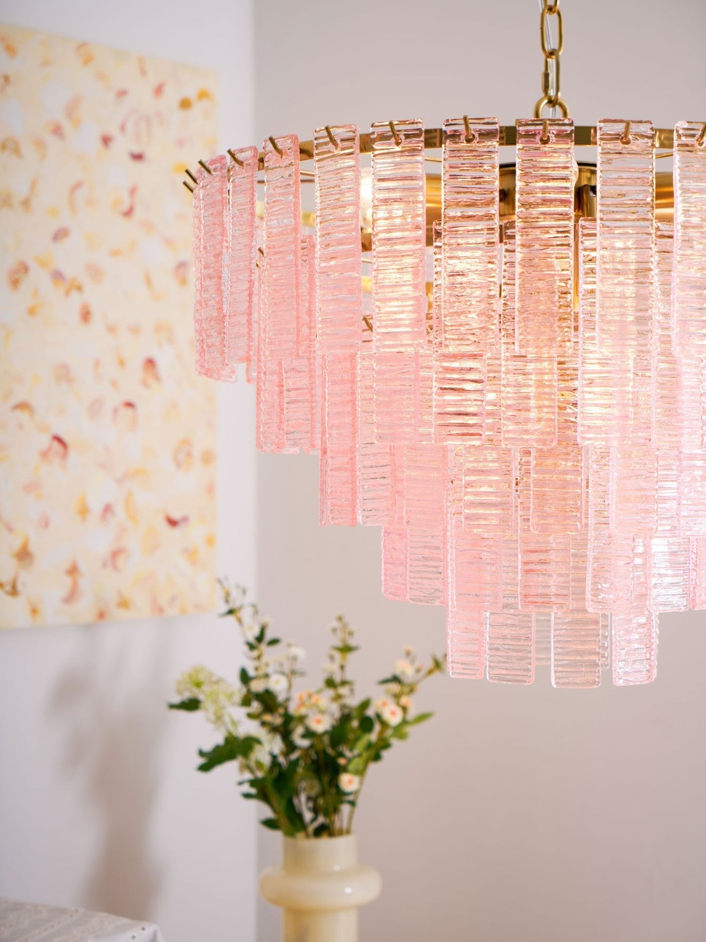 Opalora Pink Glass Chandelier - Elegant Design with Adjustable Height