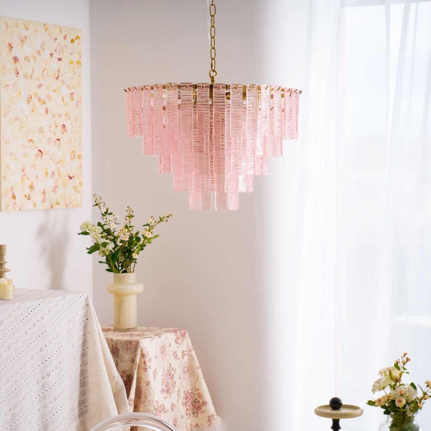 Opalora Pink Glass Chandelier - Elegant Design with Adjustable Height