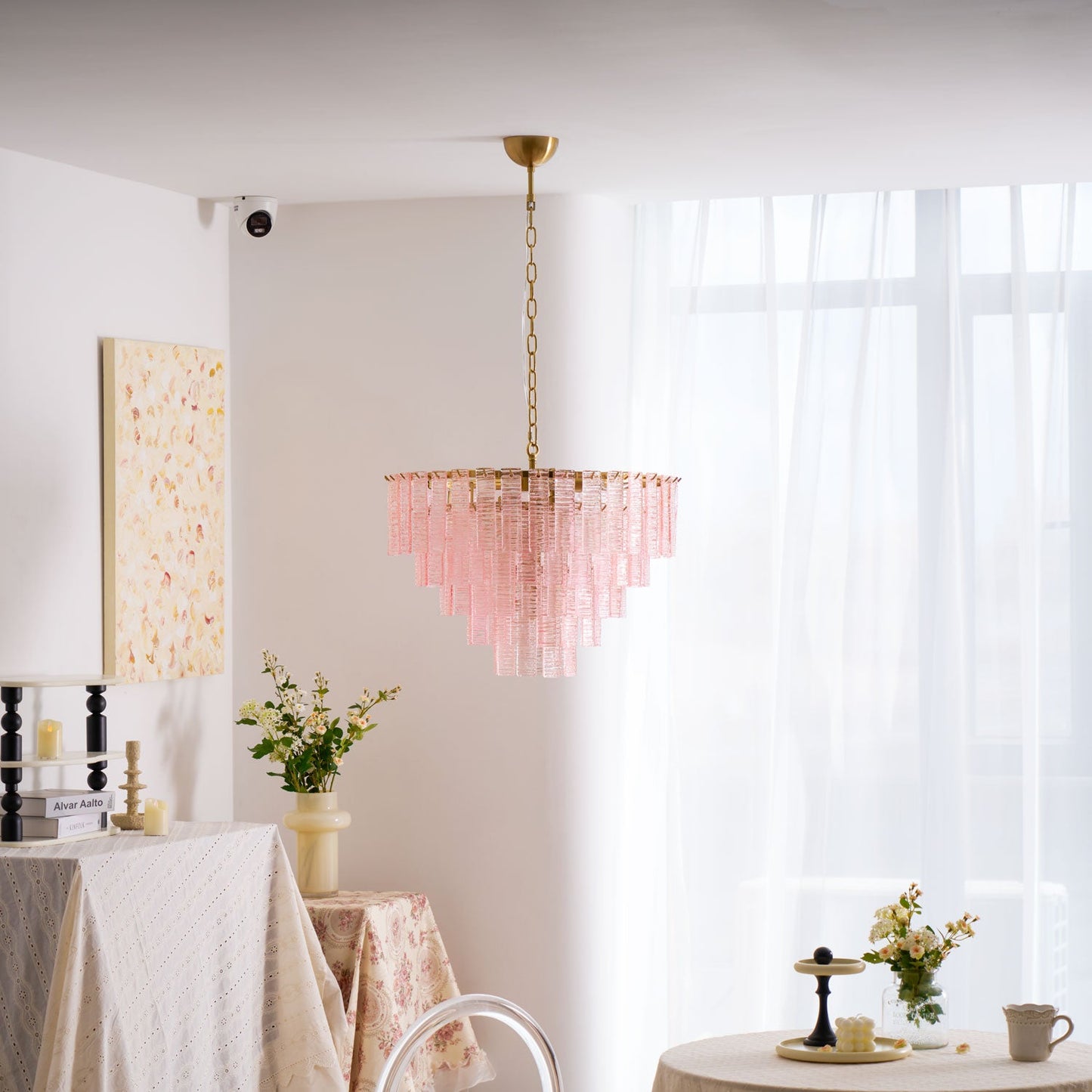 Opalora Pink Glass Chandelier - Elegant Design with Adjustable Height