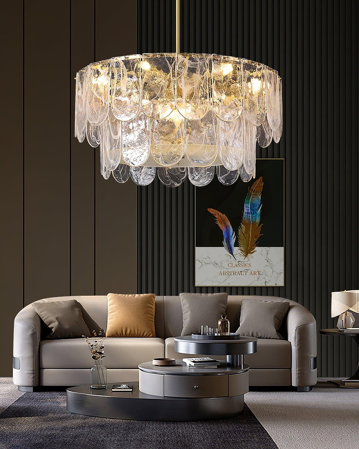 Elegant Metal Glass Chandelier with Adjustable Height & Soft Lighting