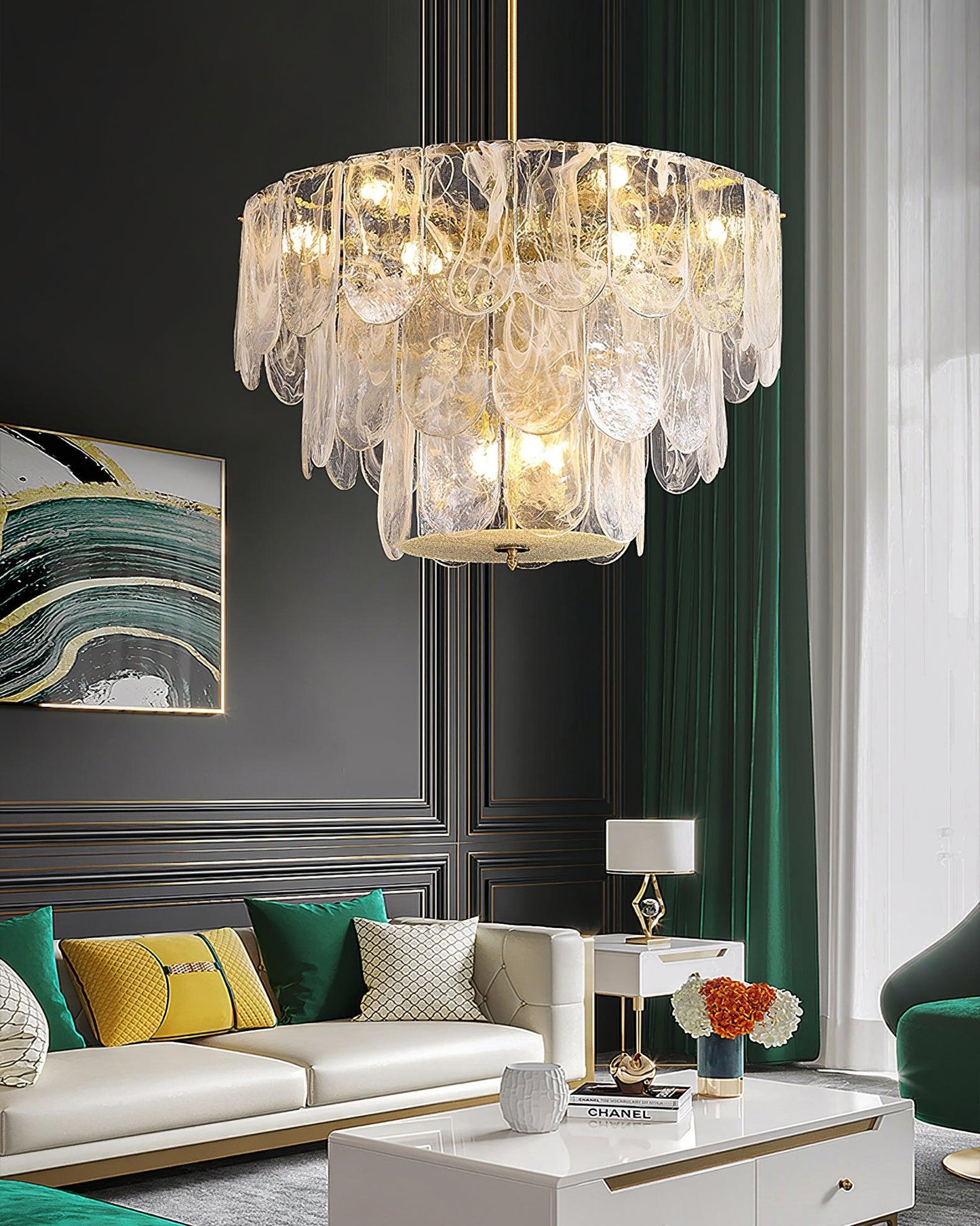 Elegant Metal Glass Chandelier with Adjustable Height & Soft Lighting