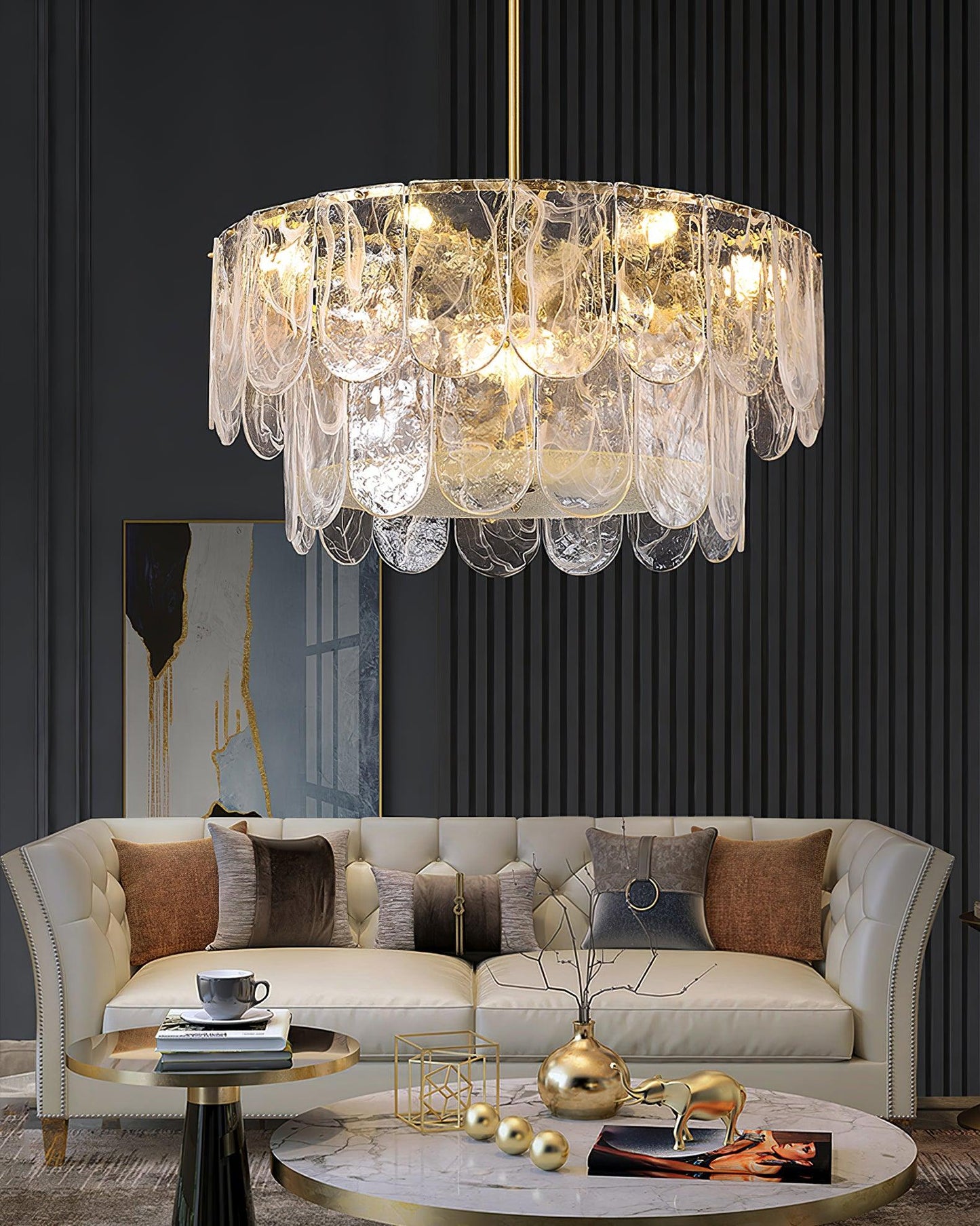 Elegant Metal Glass Chandelier with Adjustable Height & Soft Lighting