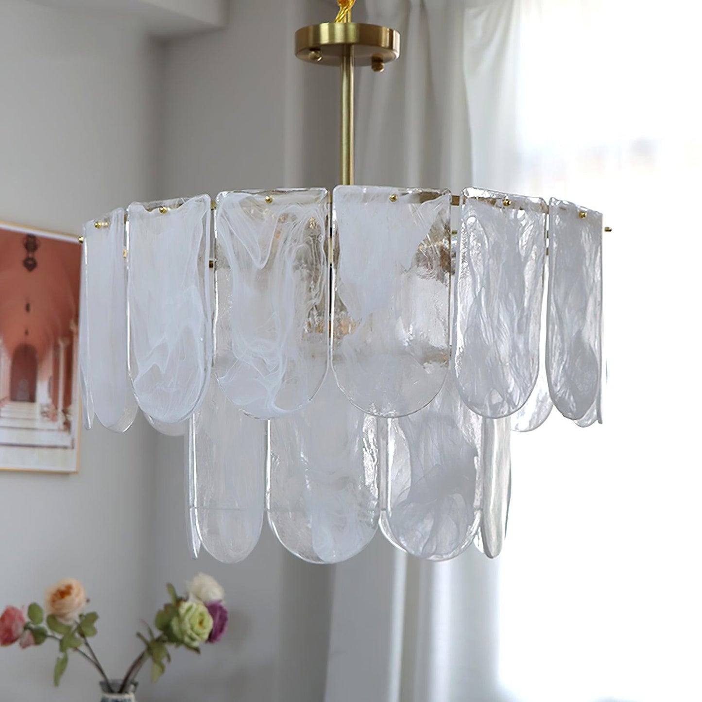 Elegant Metal Glass Chandelier with Adjustable Height & Soft Lighting