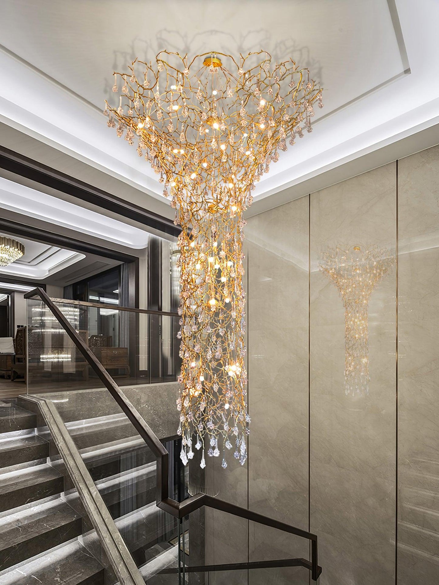 Tree Branch Staircase Chandelier - Rustic Design with Adjustable Heigh