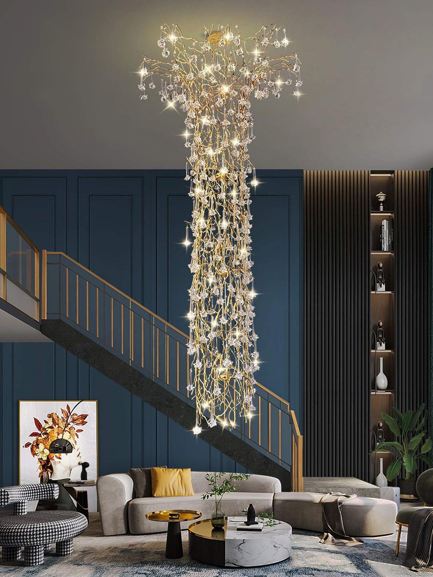Tree Branch Staircase Chandelier - Rustic Design with Adjustable Heigh