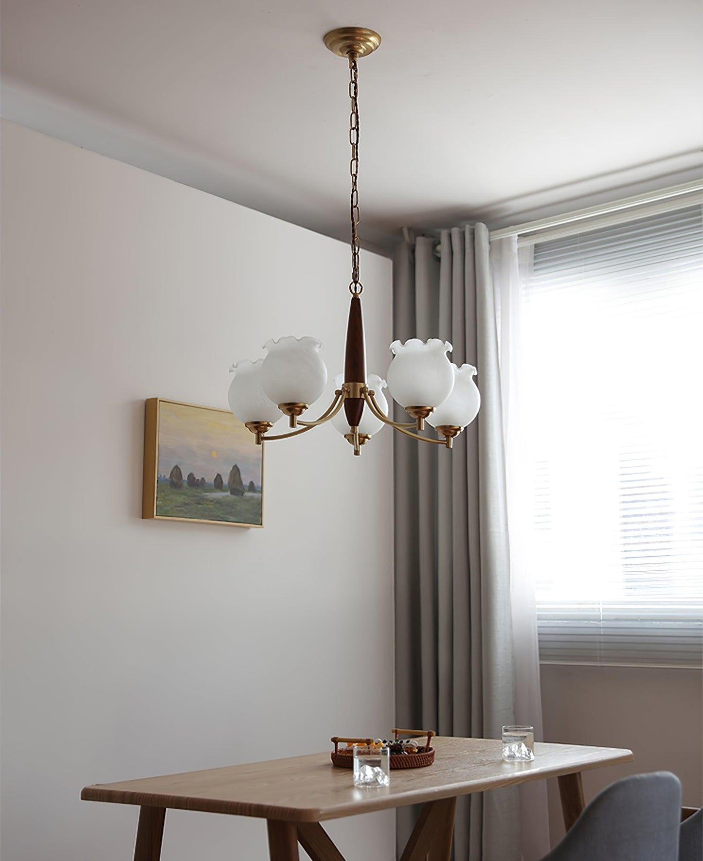 Elegant Tulips Glass Wood Chandelier - Adjustable Height & Soft Lighti