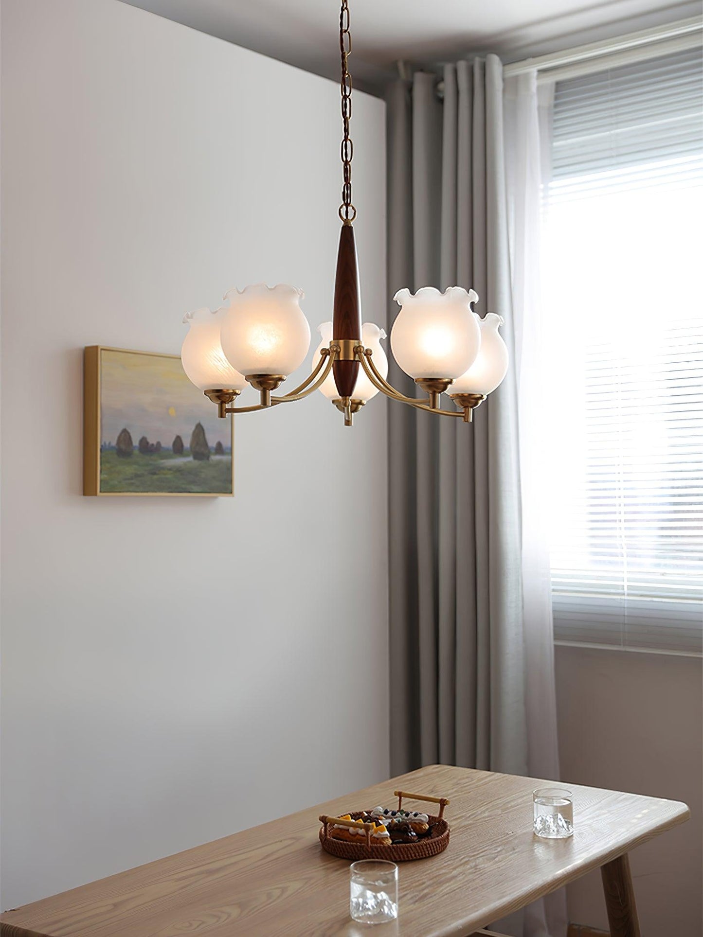 Elegant Tulips Glass Wood Chandelier - Adjustable Height & Soft Lighti