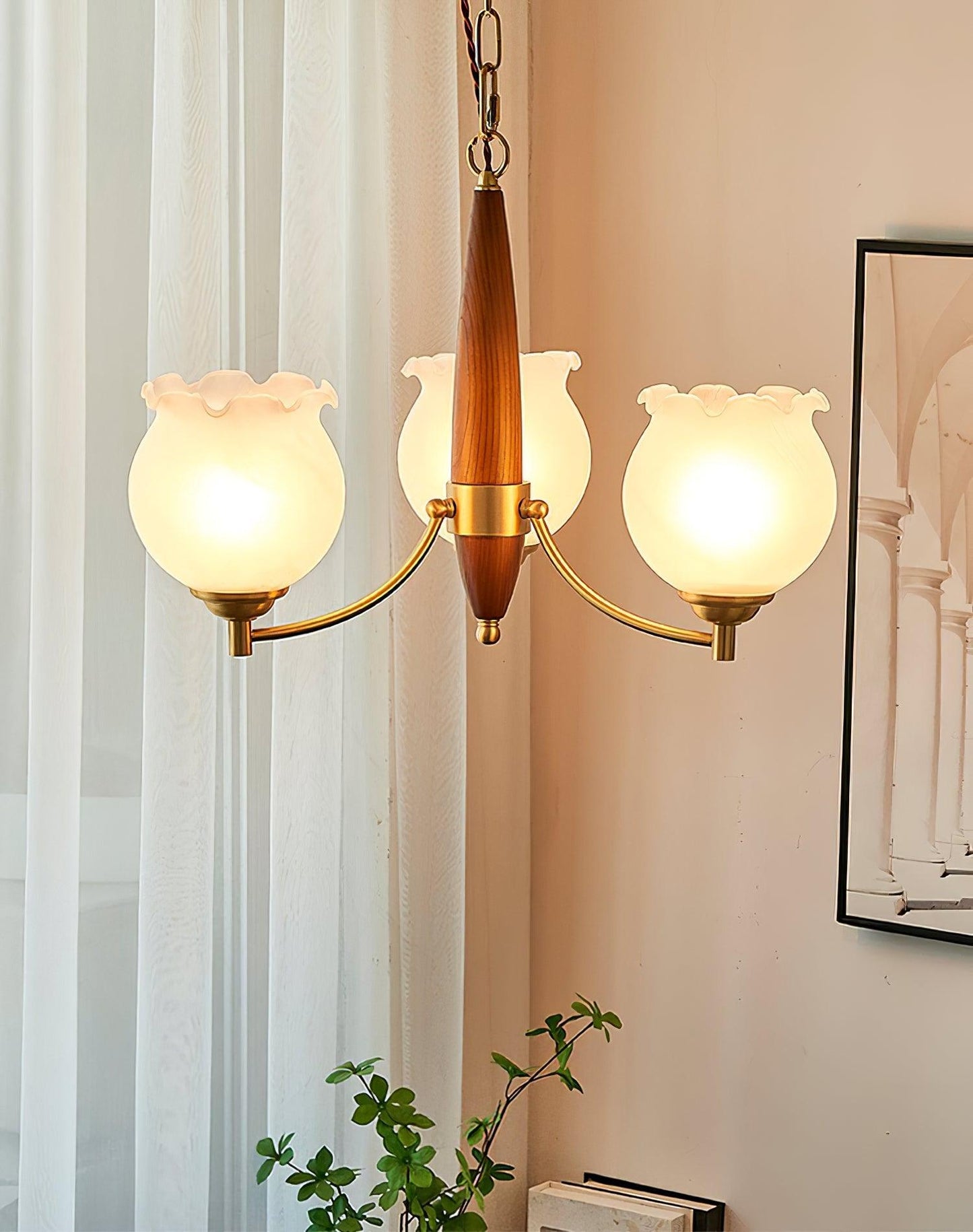 Elegant Tulips Glass Wood Chandelier - Adjustable Height & Soft Lighti