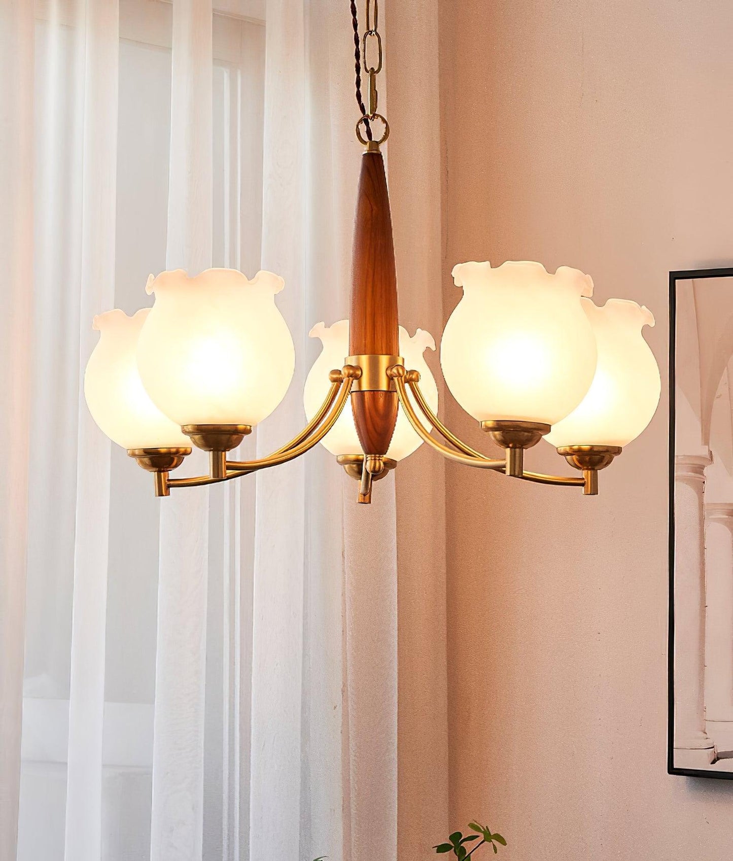 Elegant Tulips Glass Wood Chandelier - Adjustable Height & Soft Lighti
