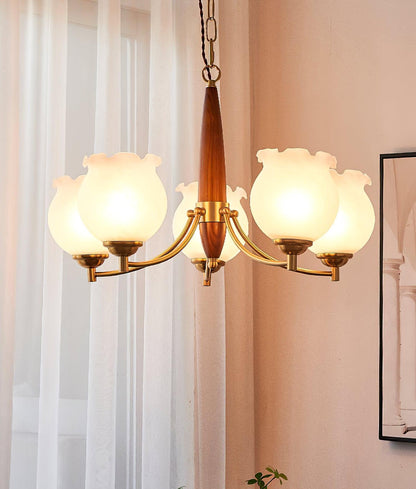 Elegant Tulips Glass Wood Chandelier - Adjustable Height & Soft Lighti