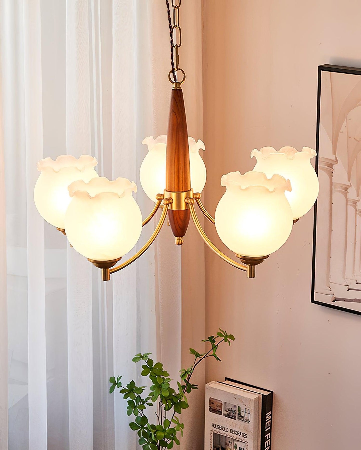 Elegant Tulips Glass Wood Chandelier - Adjustable Height & Soft Lighti