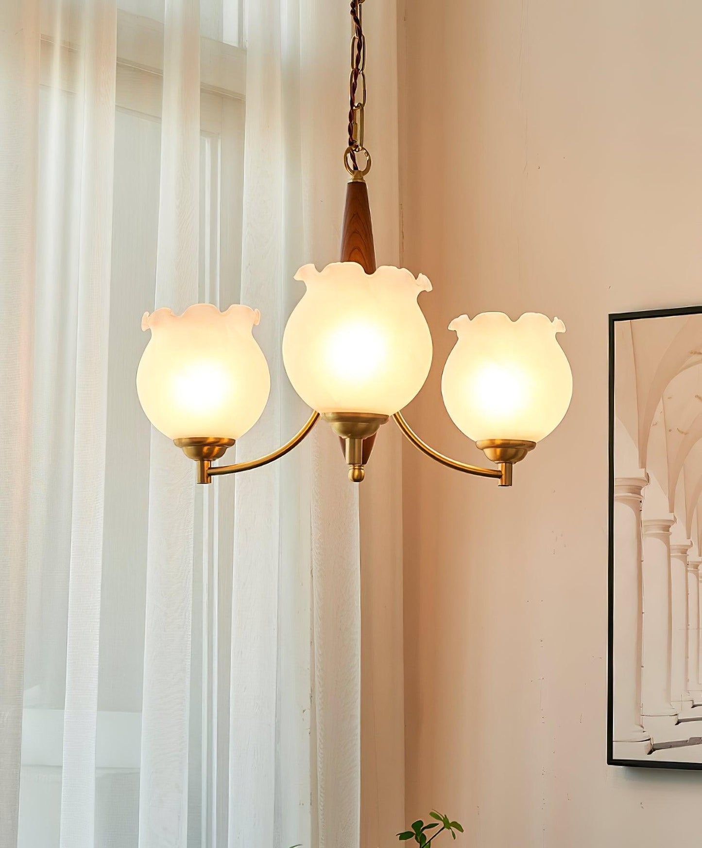 Elegant Tulips Glass Wood Chandelier - Adjustable Height & Soft Lighti