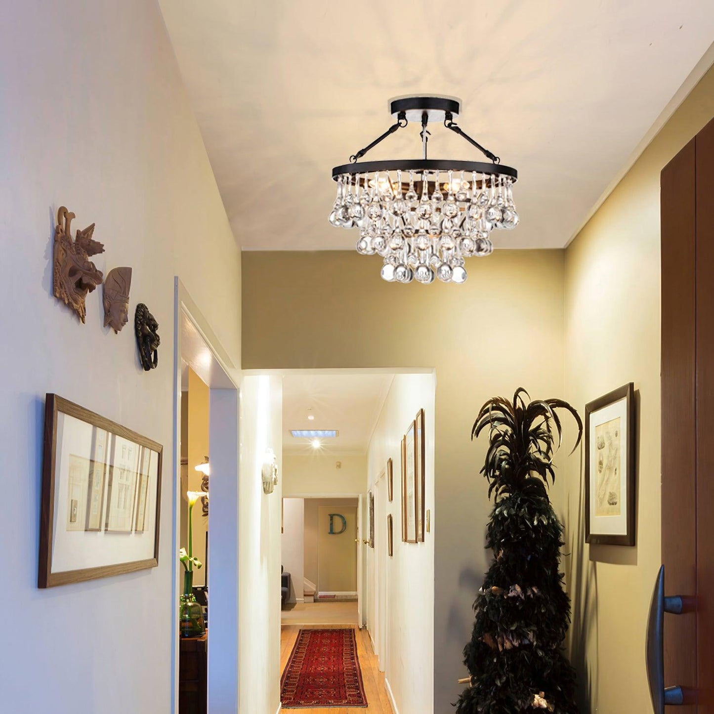 Elegant Tiered Crystal Chandelier with Adjustable Height & LED Lights