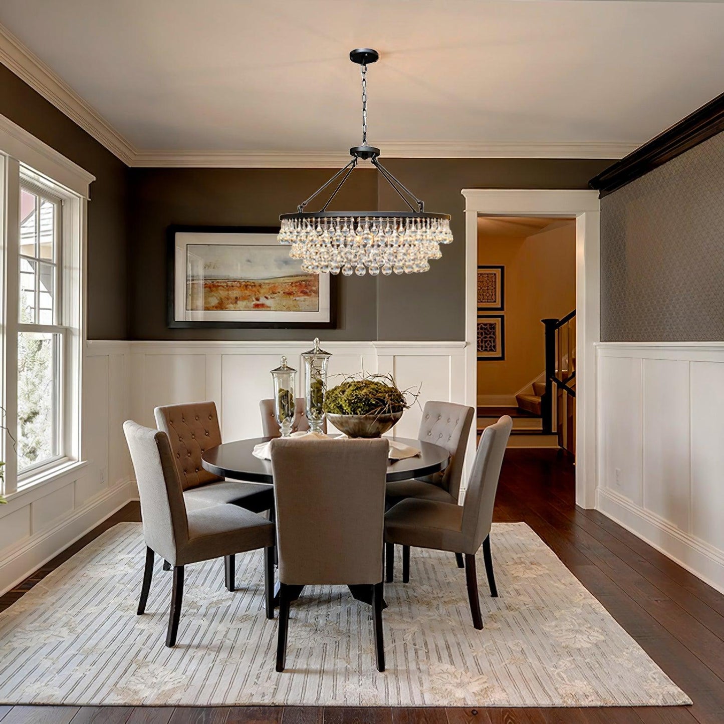 Elegant Tiered Crystal Chandelier with Adjustable Height & LED Lights