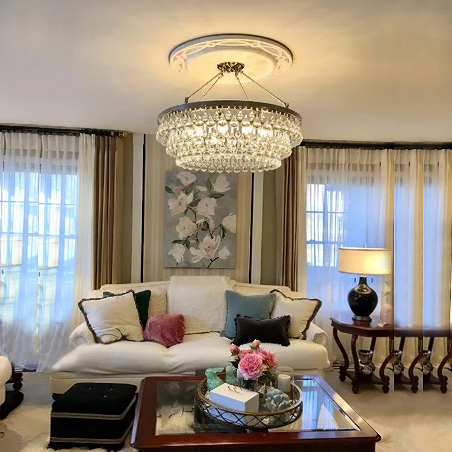 Elegant Tiered Crystal Chandelier with Adjustable Height & LED Lights