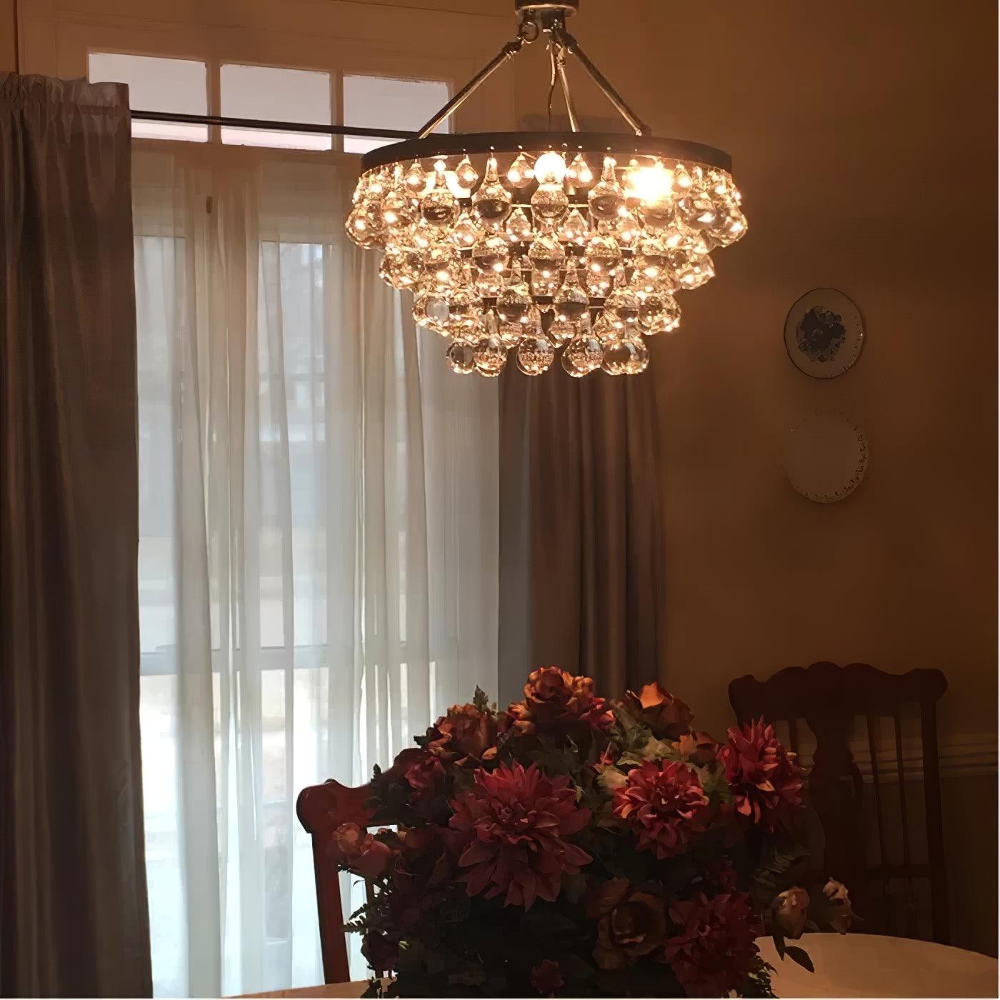Elegant Tiered Crystal Chandelier with Adjustable Height & LED Lights