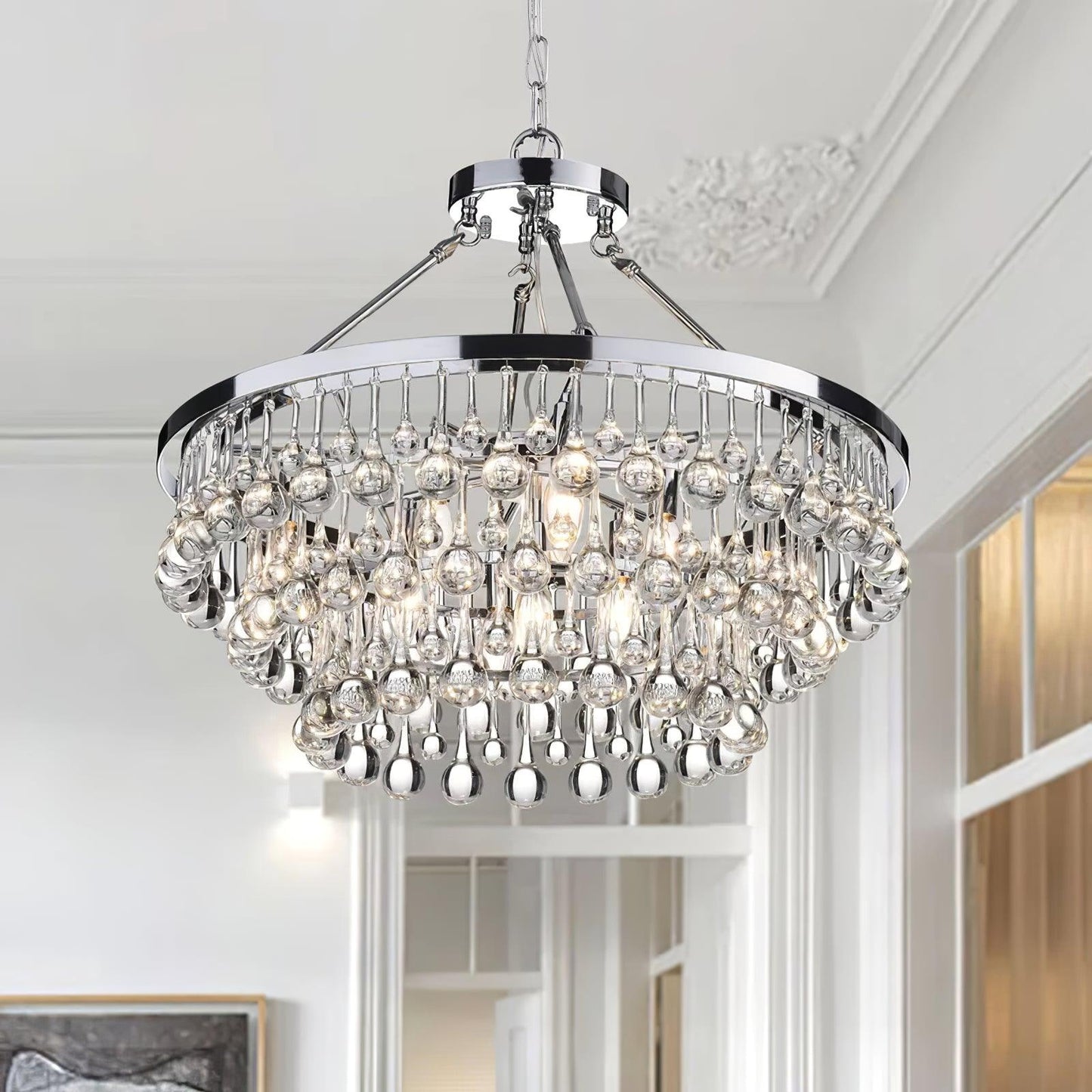Elegant Tiered Crystal Chandelier with Adjustable Height & LED Lights
