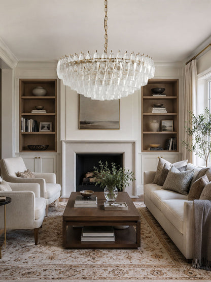 Clear Sorrento Chandelier - Elegant Design with Adjustable Height & LE