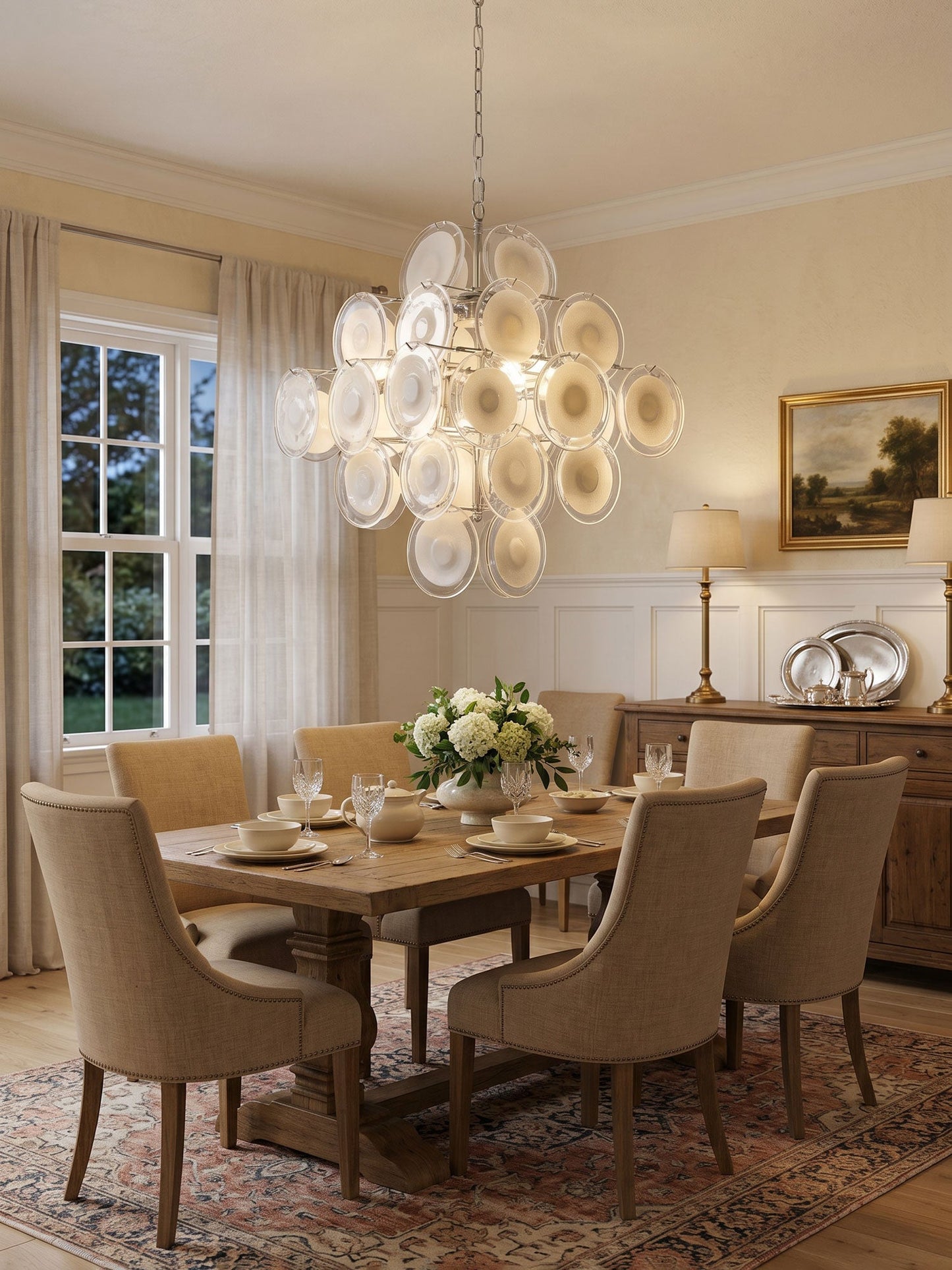 Modern White Glass Disc Chandelier with Adjustable Height & LED Compat