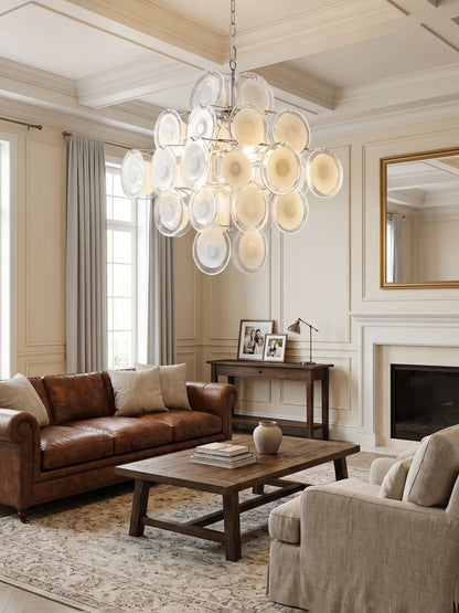 Modern White Glass Disc Chandelier with Adjustable Height & LED Compat