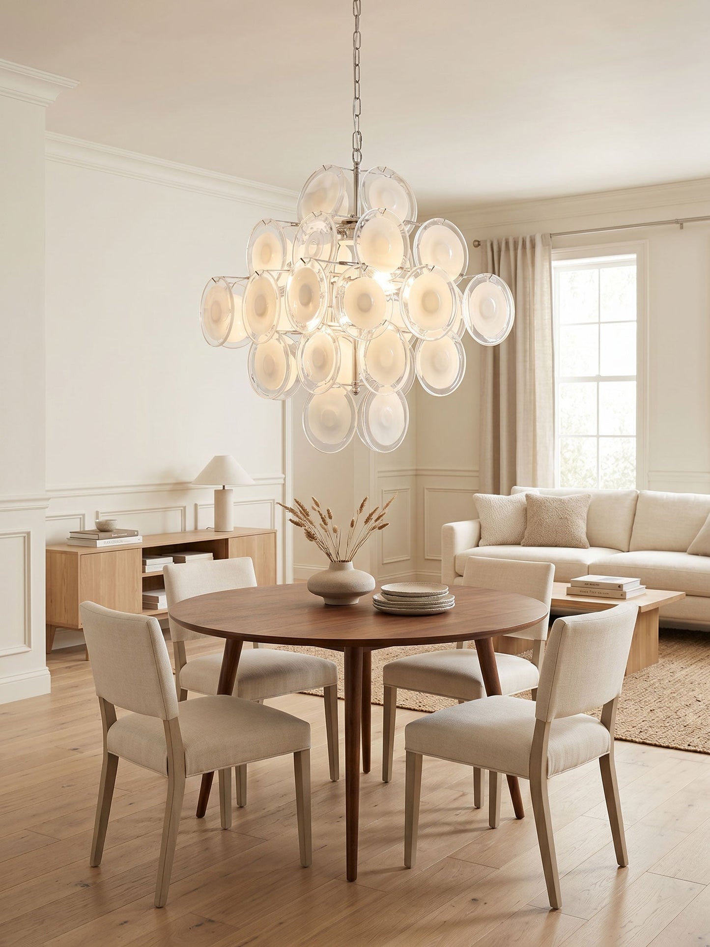 Modern White Glass Disc Chandelier with Adjustable Height & LED Compat