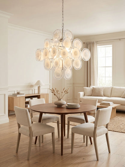 Modern White Glass Disc Chandelier with Adjustable Height & LED Compat