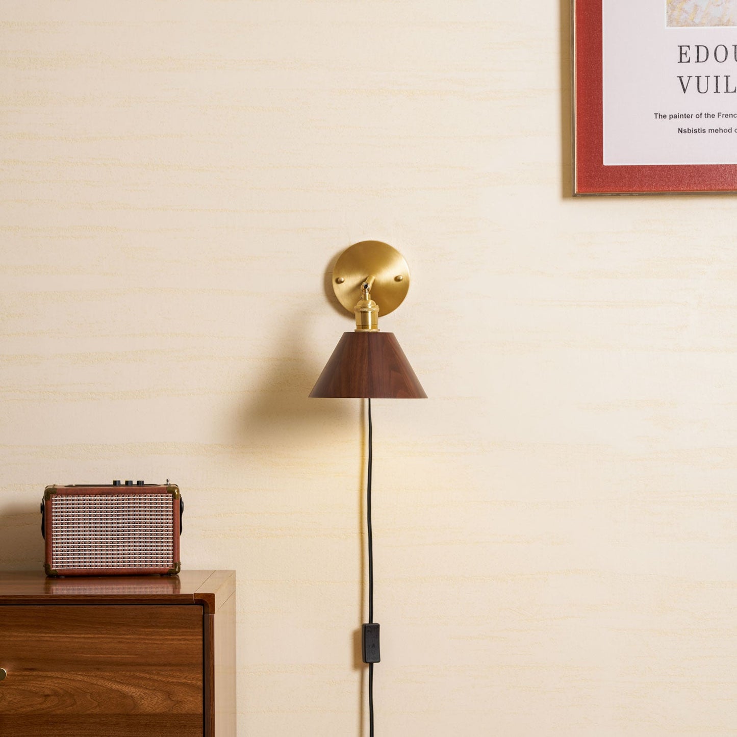 Vintage Wood Plug-in Wall Lamp with Adjustable Brightness & Easy Insta