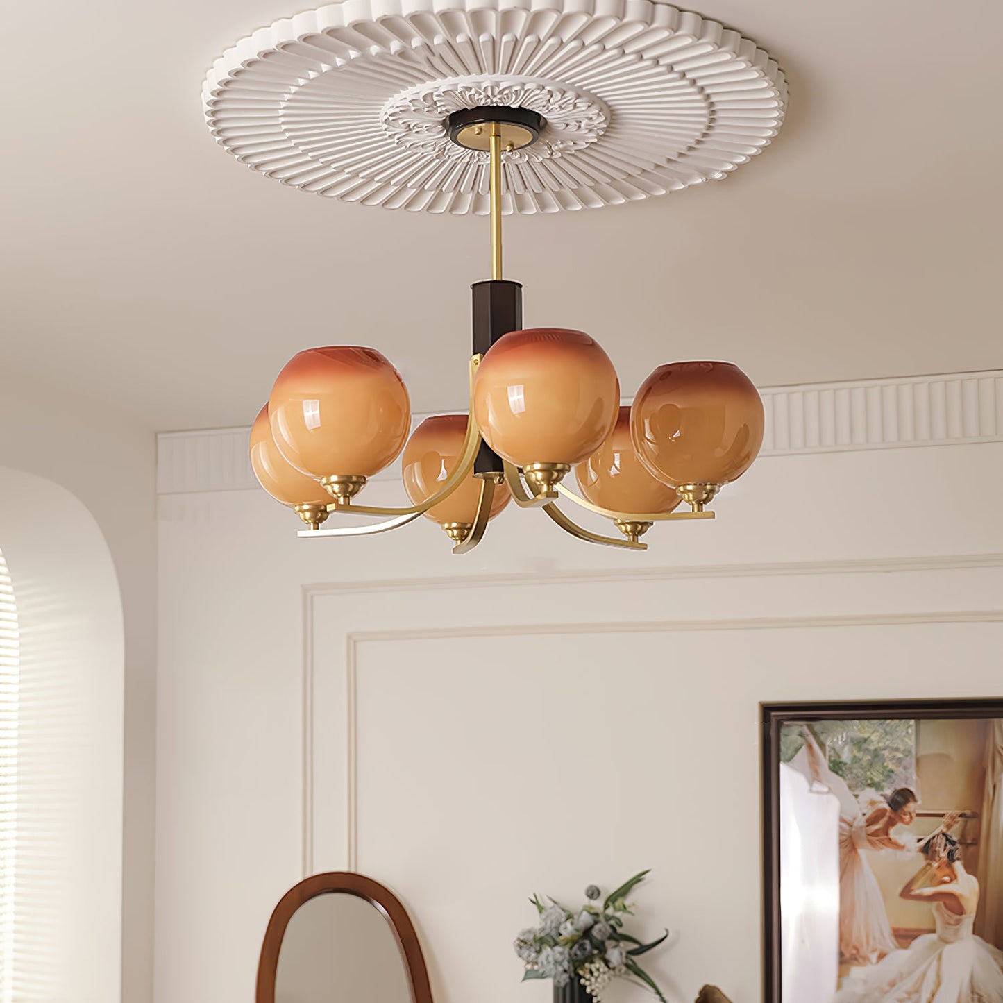Vintage Caramel Globe Chandelier - Elegant Lighting & Adjustable Heigh