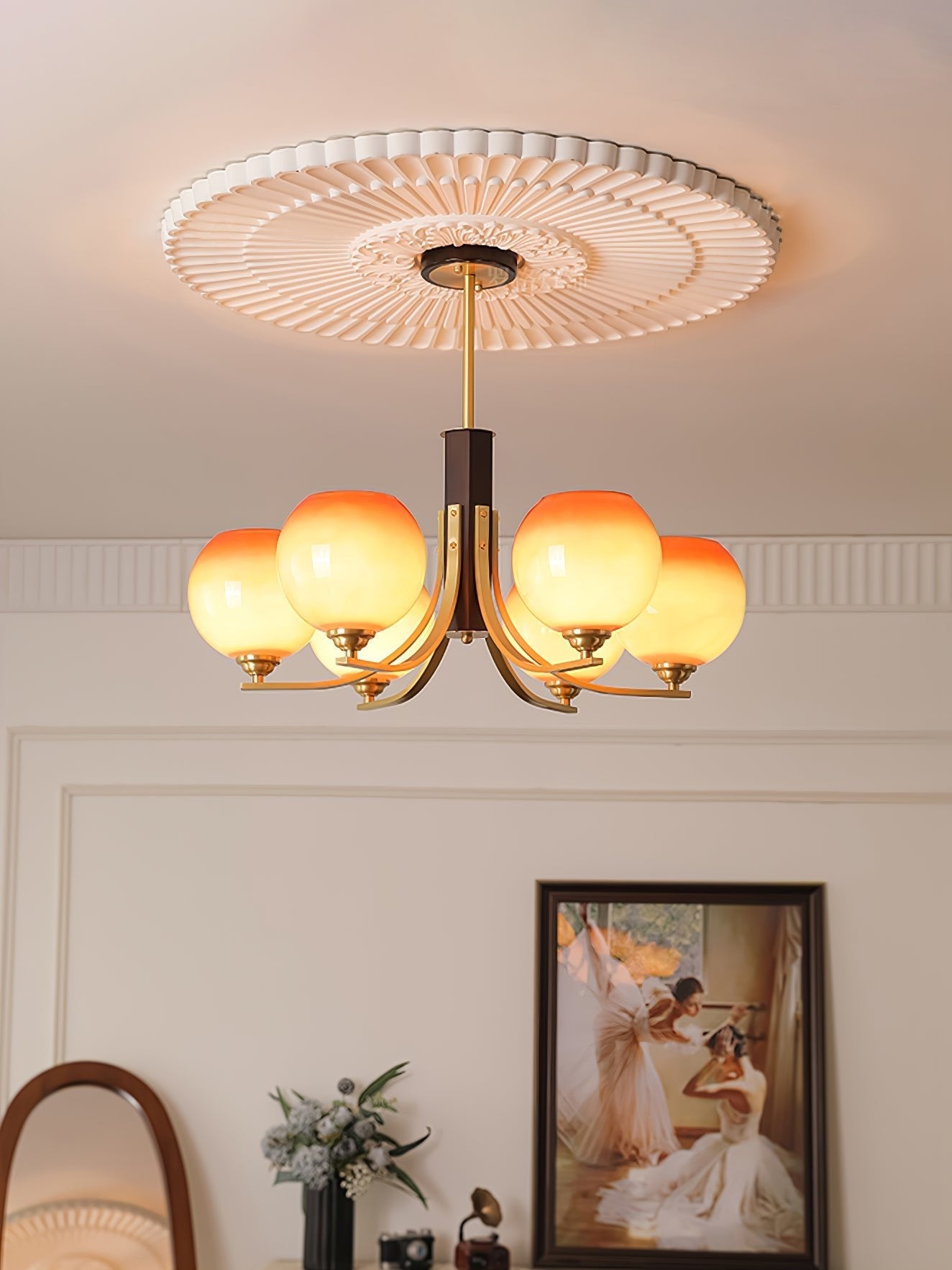 Vintage Caramel Globe Chandelier - Elegant Lighting & Adjustable Heigh