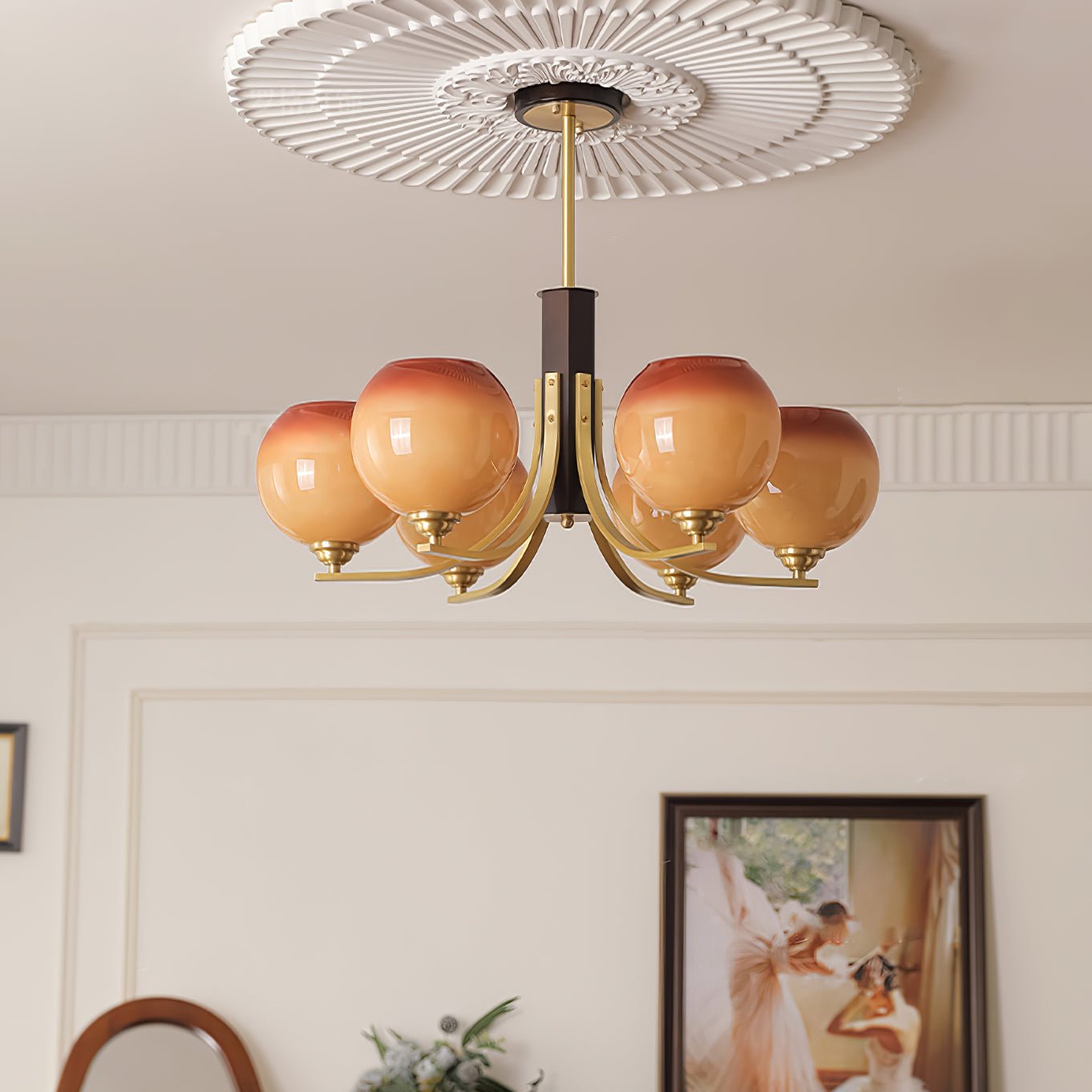 Vintage Caramel Globe Chandelier - Elegant Lighting & Adjustable Heigh