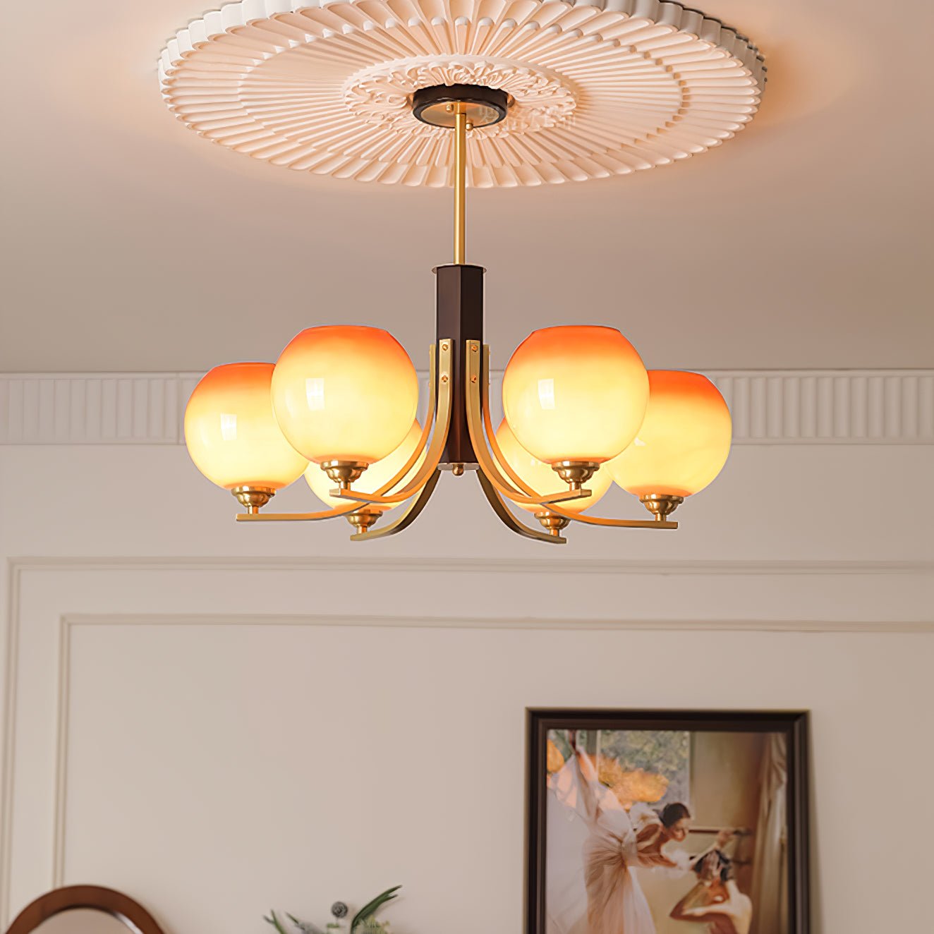 Vintage Caramel Globe Chandelier - Elegant Lighting & Adjustable Heigh