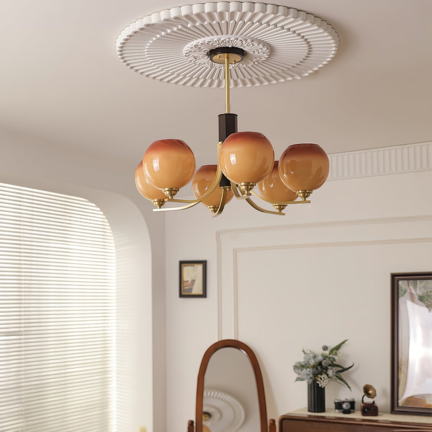 Vintage Caramel Globe Chandelier - Elegant Lighting & Adjustable Heigh