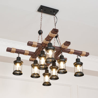 Elegant Vintage Wood and Glass Chandelier with Adjustable Height and L