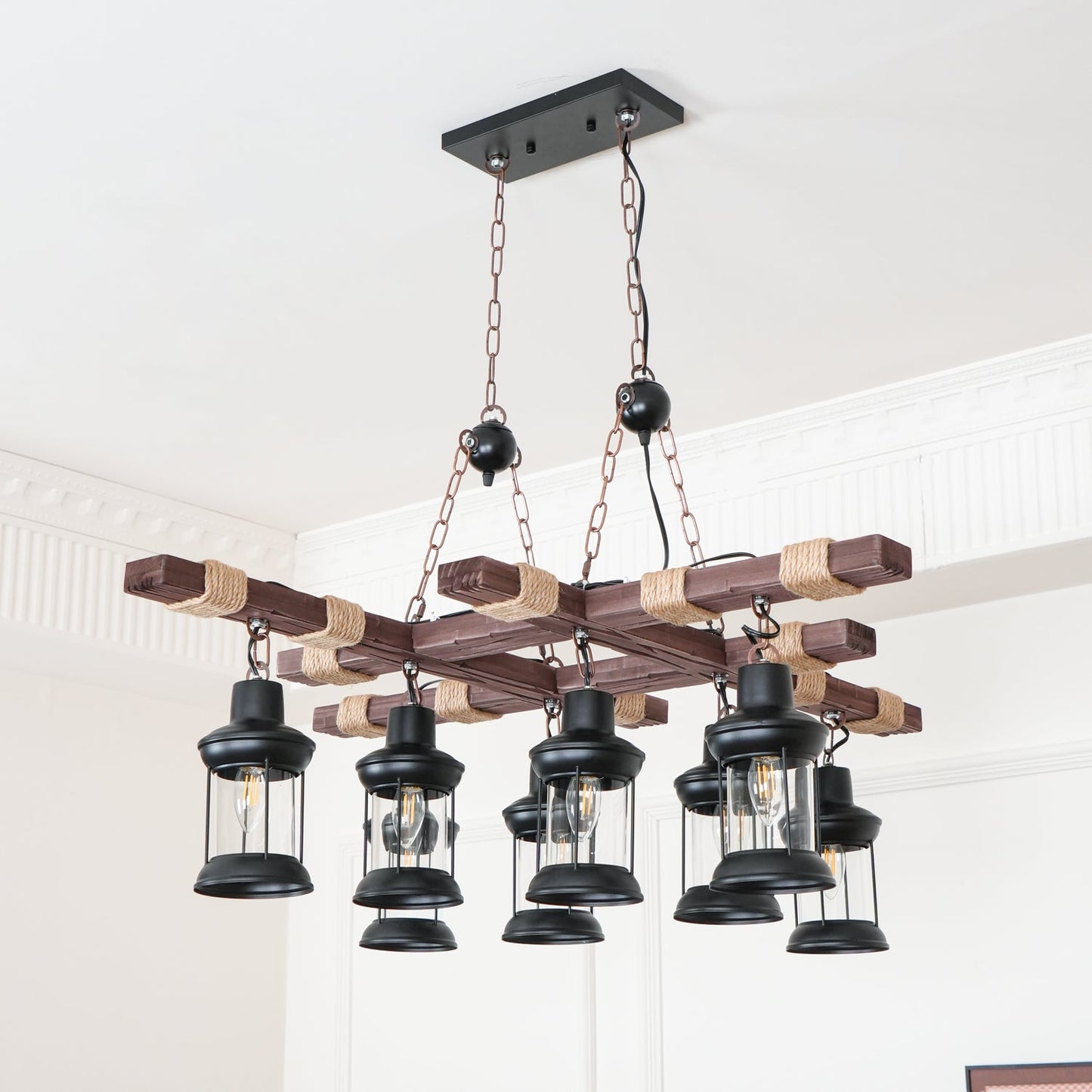 Elegant Vintage Wood and Glass Chandelier with Adjustable Height and L