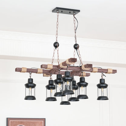 Elegant Vintage Wood and Glass Chandelier with Adjustable Height and L