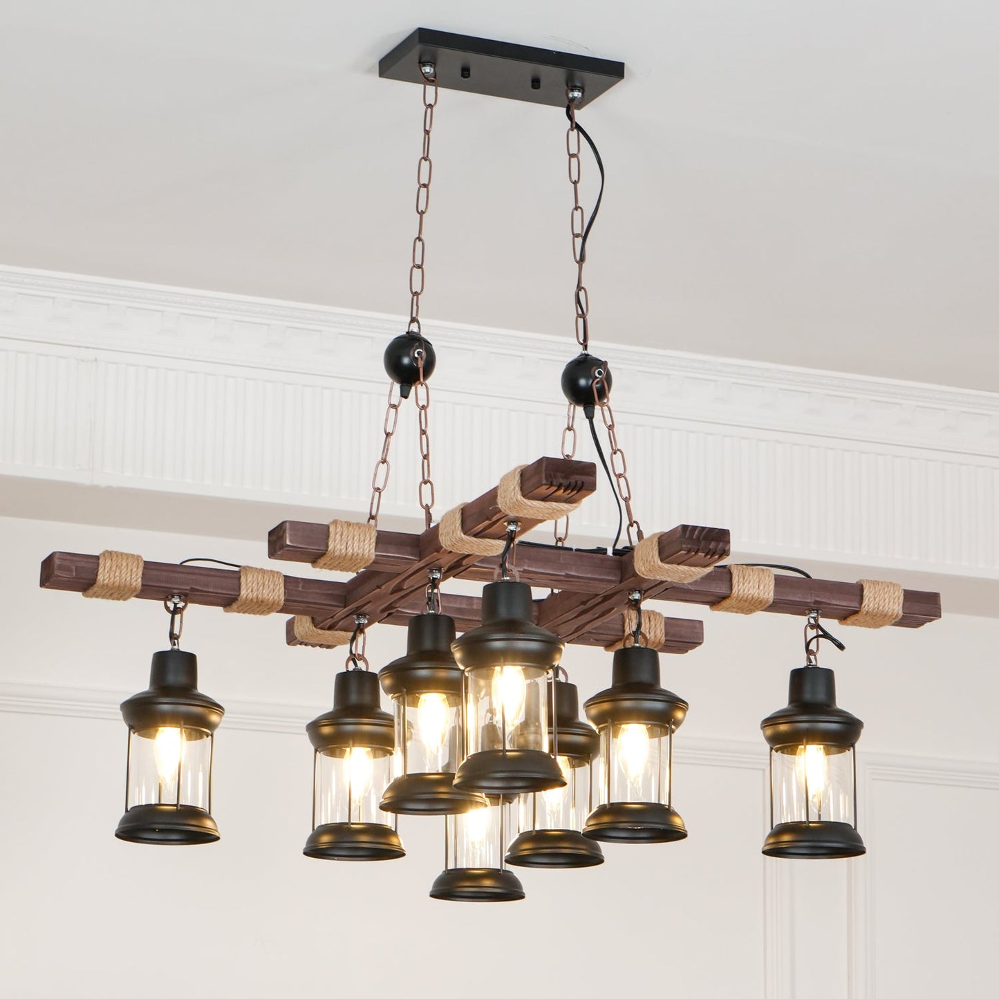 Elegant Vintage Wood and Glass Chandelier with Adjustable Height and L